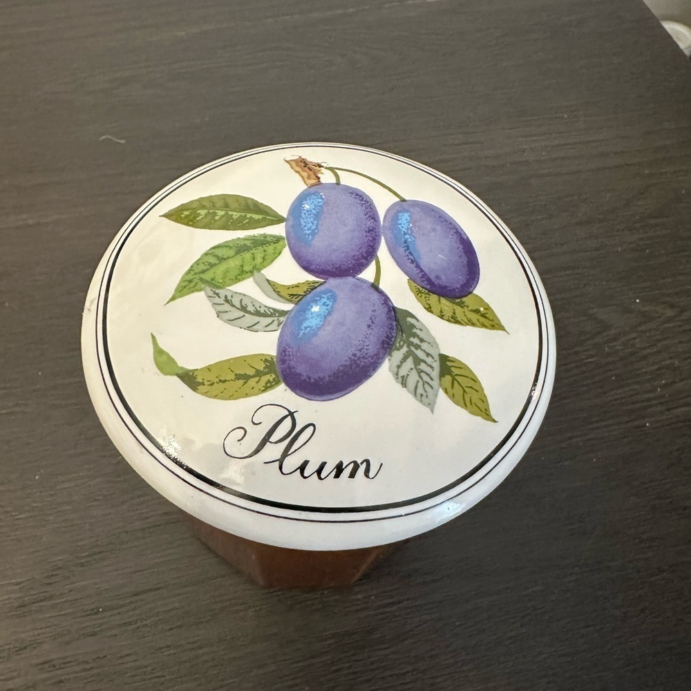 Vintage Plums Preserves Container by Gailstyn Sutton Jam Jar Ceramic Brown White